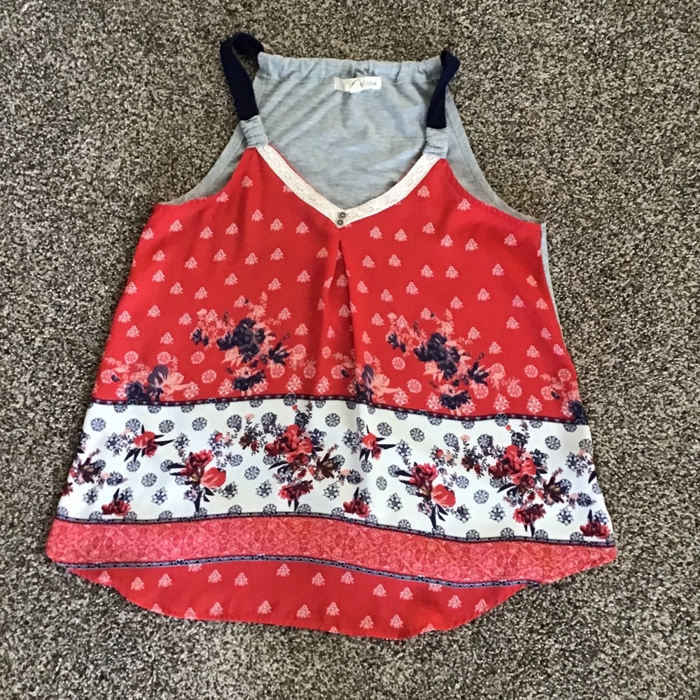 Rewind Red Floral Print and Gray Tank Top Sz M